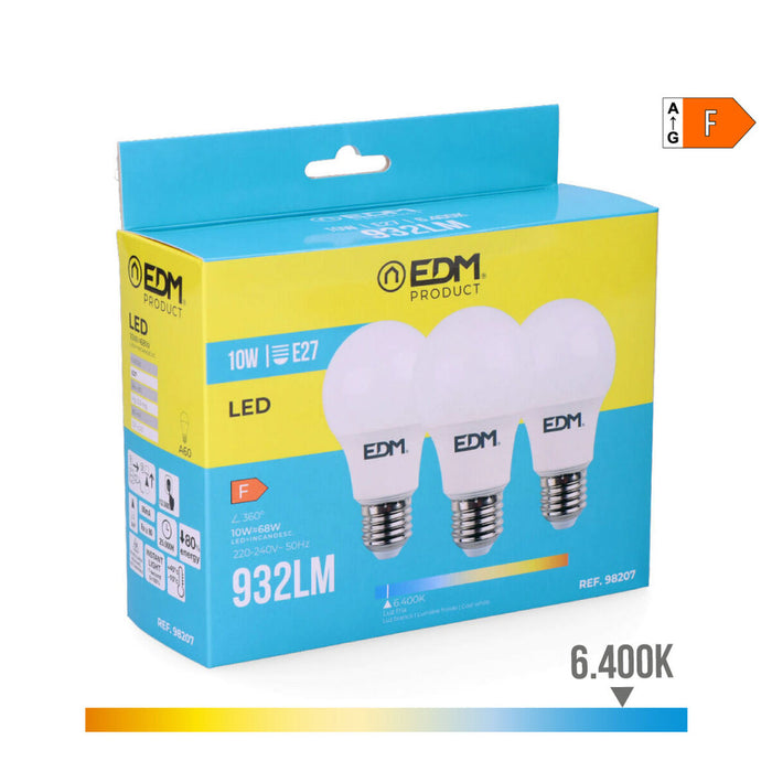 Pack of 3 LED bulbs EDM F 10 W E27 810 Lm Ø 6 x 10,8 cm (6400 K)