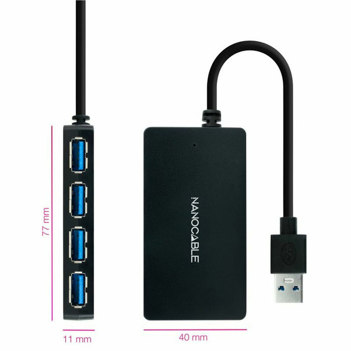 Hub USB NANOCABLE Hub USB 3.0 con 4 Puertos de USB 3.0, USB-A/M-USB 3.0/H, Negro, 15 cm Negru