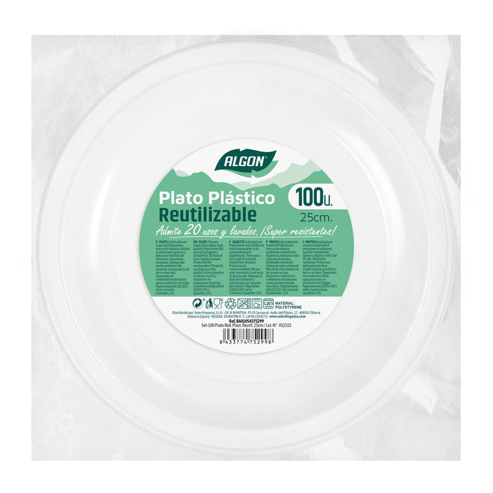 Set de farfurii reutilizabile Algon Rotund Alb 25 x 25 x 2,5 cm Plastic 100 Unități