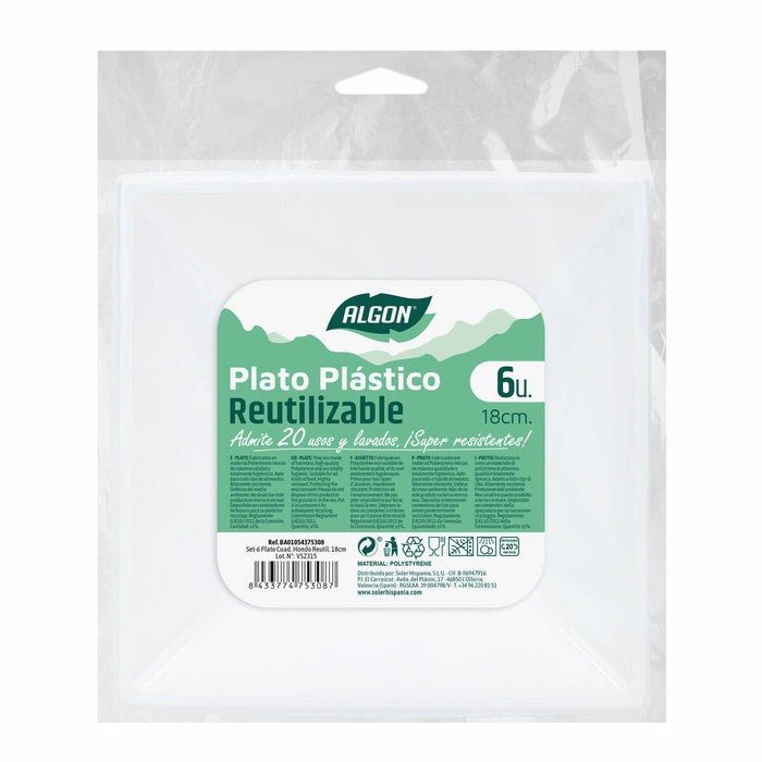 Set de farfurii reutilizabile Algon Pătrat Alb Plastic 18 x 18 x 4 cm (36 Unități)