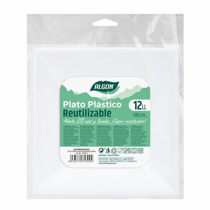 Set de farfurii reutilizabile Algon Pătrat Alb Plastic 18 x 18 x 4 cm (24 Unități)