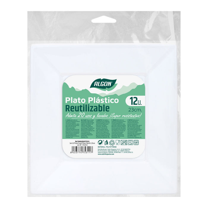 Set de farfurii reutilizabile Algon Pătrat Alb Plastic 23 cm 12 Unități