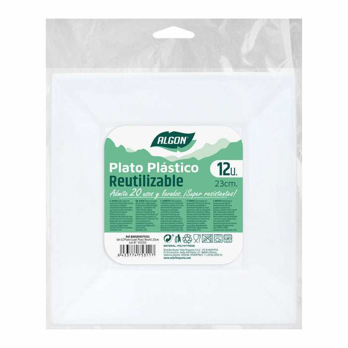 Set de farfurii reutilizabile Algon Pătrat Alb Plastic 23 x 23 x 2 cm (24 Unități)