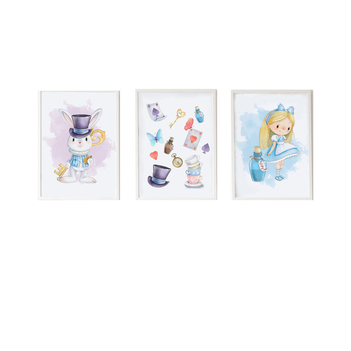 Set de 3 tablouri Crochetts Alice Multicolor Lemn MDF 33 x 43 x 2 cm Iepure Pălărie Fată (3 Piese)