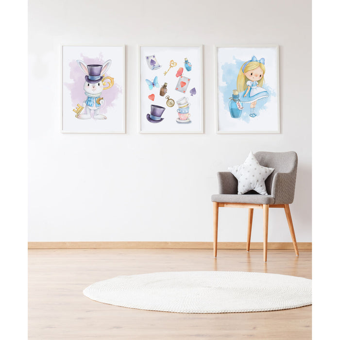 Set de 3 tablouri Crochetts Alice Multicolor Lemn MDF 33 x 43 x 2 cm Iepure Pălărie Fată (3 Piese)