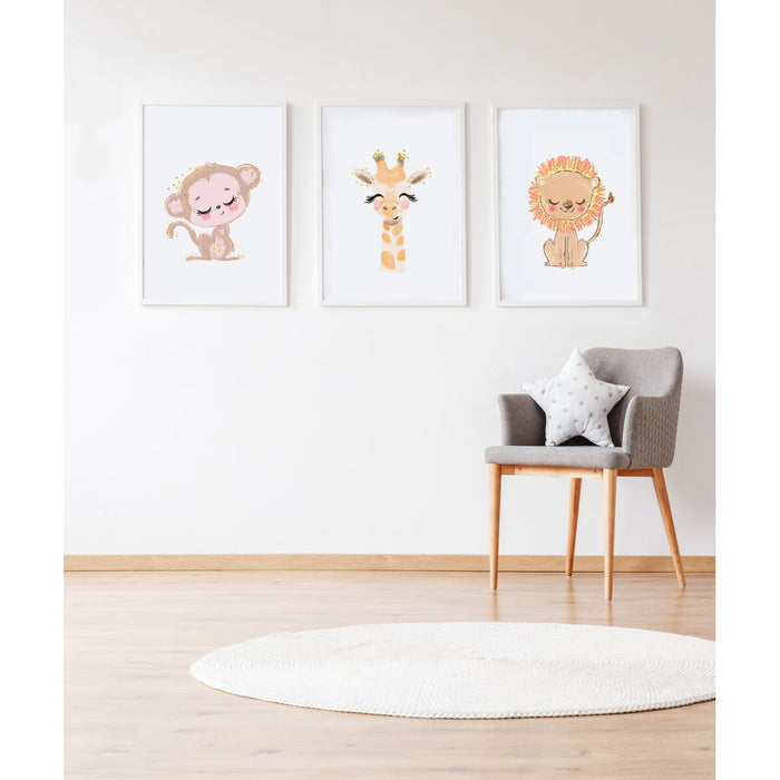 Set de 3 tablouri Crochetts Multicolor Lemn MDF 33 x 43 x 2 cm Girafă Leu Maimuță (3 Piese)