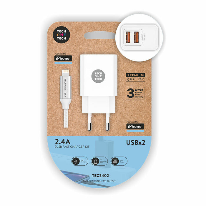 Încărcător de Perete + Cablu Lightning MFI Tech One Tech Double Lightning Alb