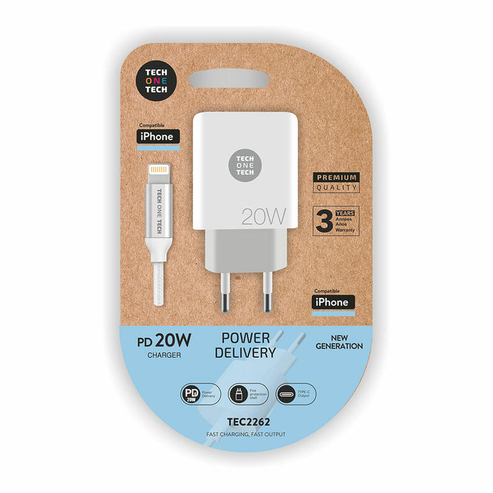 Încărcător de Perete + Cablu Lightning MFI Tech One Tech Alb 20 W