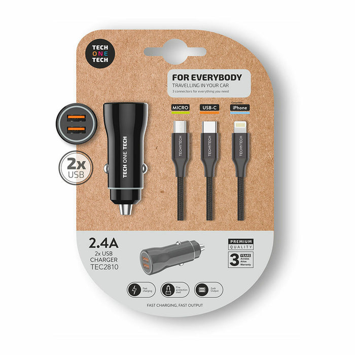 Încărcător de Mașină USB Universal + Cablu Tech One Tech Double USB x 2 1,2 m