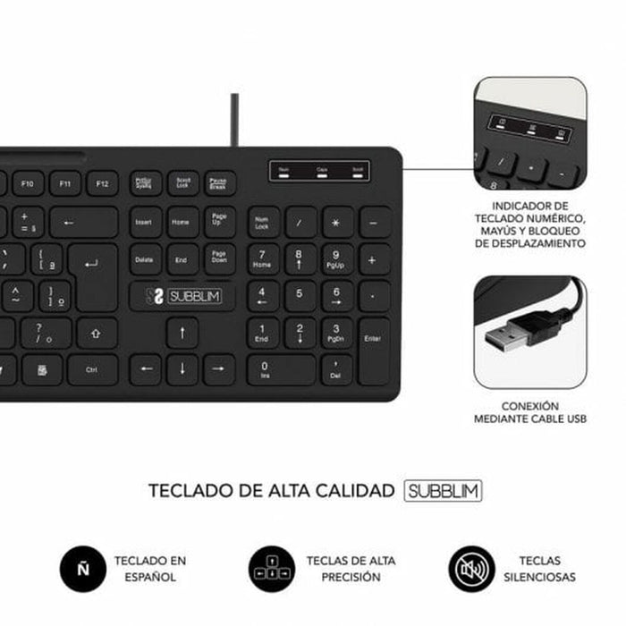 Tastatură numerică Subblim SUBKBC-0SSK50 Negru Qwerty Spaniolă QWERTY