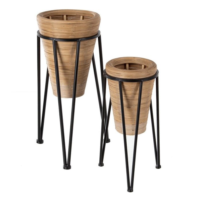 Set de jardiniere 34 x 34 x 58 cm Natural Negru Metal Bambus (2 Unități)