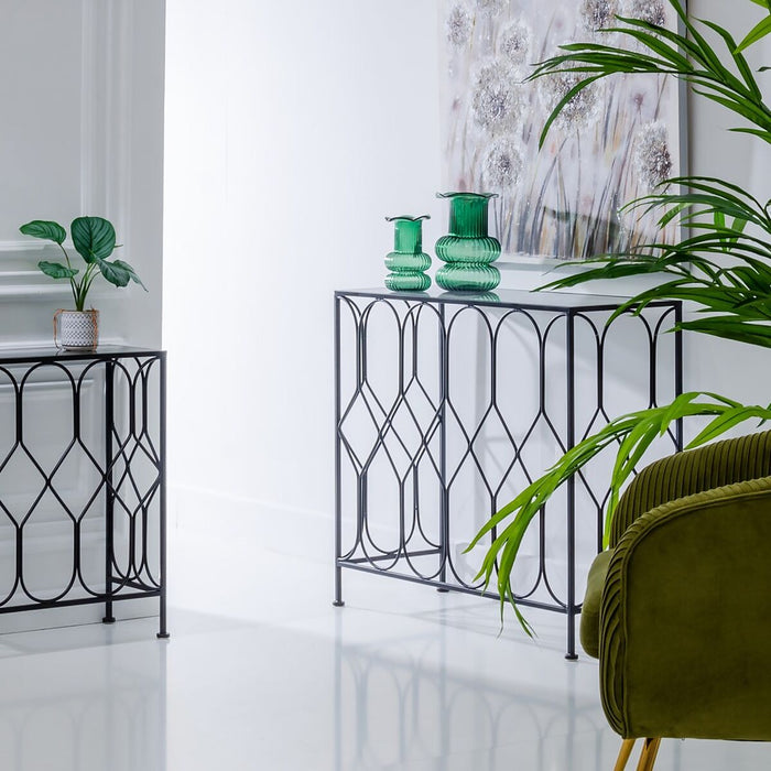 Mobilier pentru Hol 90 x 35 x 80 cm Geam Negru Metal (2 Unități)