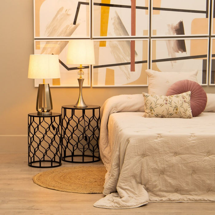 Lampă de masă Alb Argintiu Lin Metal Geam Fier 40 W 220 V 30 x 30 x 67 cm