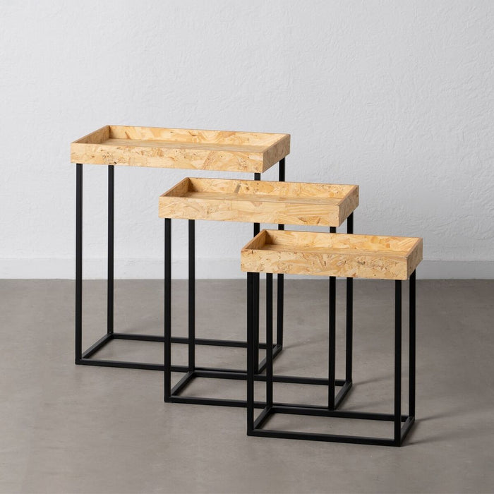 Set de 3 mese Negru Natural Fier Lemn MDF 57,5 x 37,5 x 67,5 cm (3 Unități)