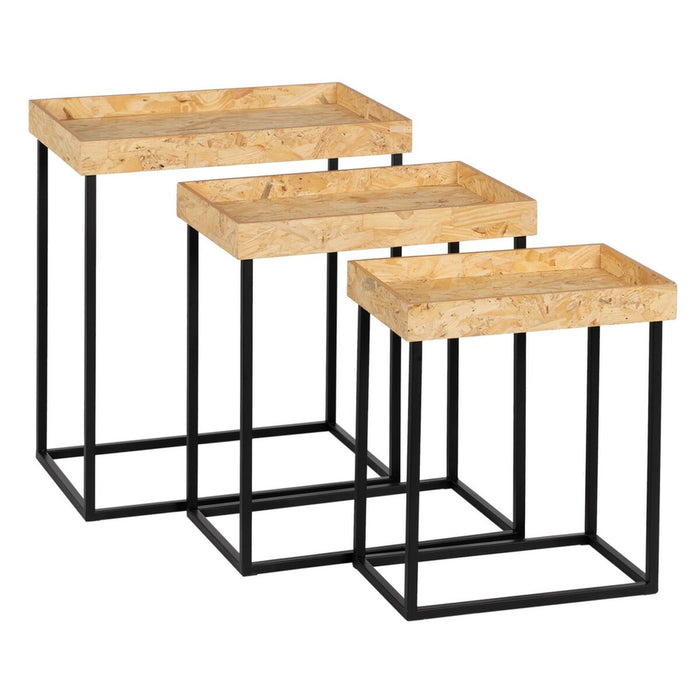 Set de 3 mese Negru Natural Fier Lemn MDF 57,5 x 37,5 x 67,5 cm (3 Unități)