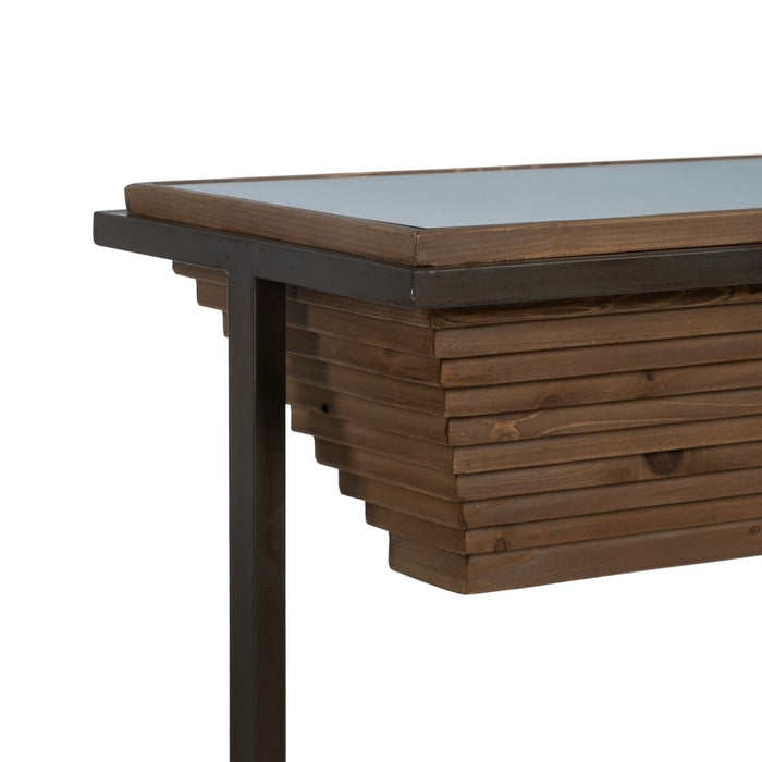 Consolă Negru Natural Fier Sticlă Temperată Lemn de brad 134 x 32 x 83 cm