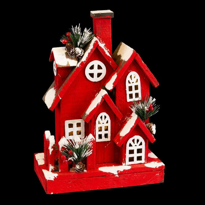 Ornament de Crăciun Roșu Lemn Casă 24 x 13 x 33 cm