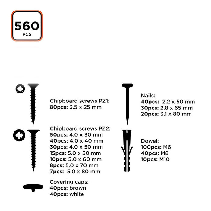 Set de șuruburi, dibluri și cuie Black & Decker 560 Piese