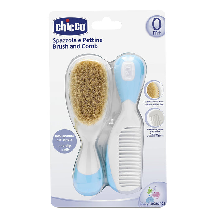 Perie și pieptene, Chicco, peri din mătase naturală, albastru, 0+ luni