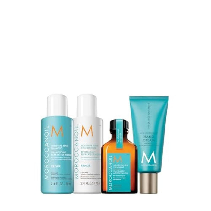 Set Moroccanoil Repair + Hydration, șampon 70 ml + balsam 70 ml + tratament cu ulei 25 ml + cremă de mâini