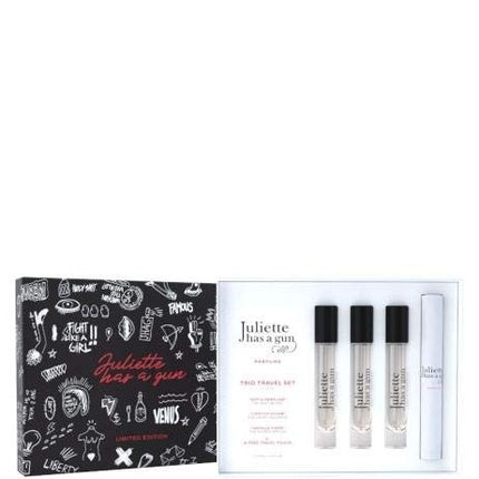 Set Parfumuri Juliette Has a Gun, Travel Set Trio, 3x5ml + 1x40ml, cutie neagră cu grafică albă