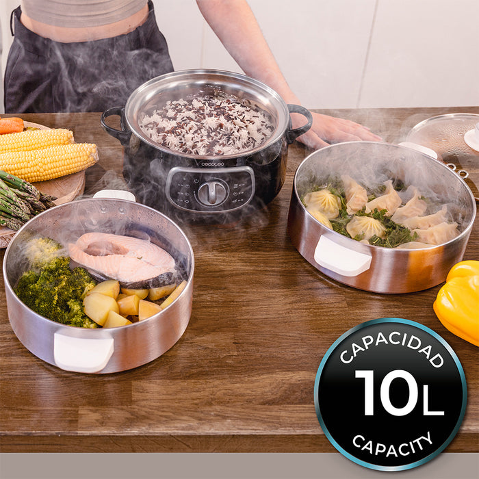 Aparat de gătit cu abur Cecotec Vapovita SteelPot, 10 l, 1300 W, 3 recipiente din oțel inoxidabil