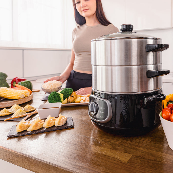 Aparat de gătit cu abur Cecotec Vapovita SteelPot, 10 l, 1300 W, 3 recipiente din oțel inoxidabil