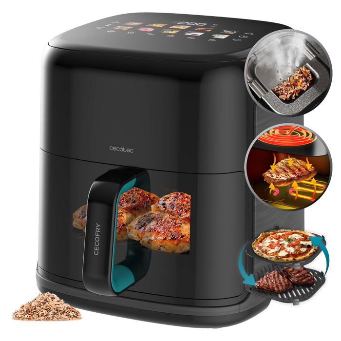 Friteuză cu aer cald Cecotec Cecofry&Grill Smokin'Prime 6500, 6,5 l, 2200 W, 10 meniuri, neagră