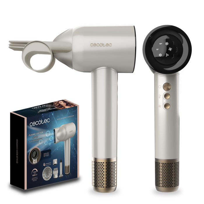 Uscător de păr Cecotec DryGlam Waves Champagne, 1600 W, 110.000 rpm, 4 accesorii
