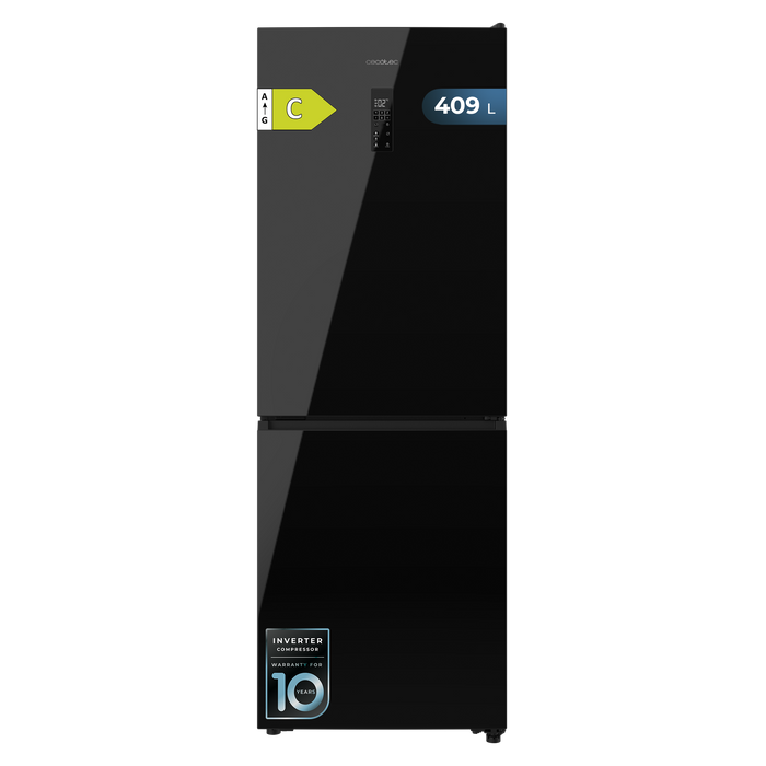 Frigider combinat Cecotec Bolero CoolMarket Combi 409 Black Glass C, 409 l, Total No Frost, clasa C, negru