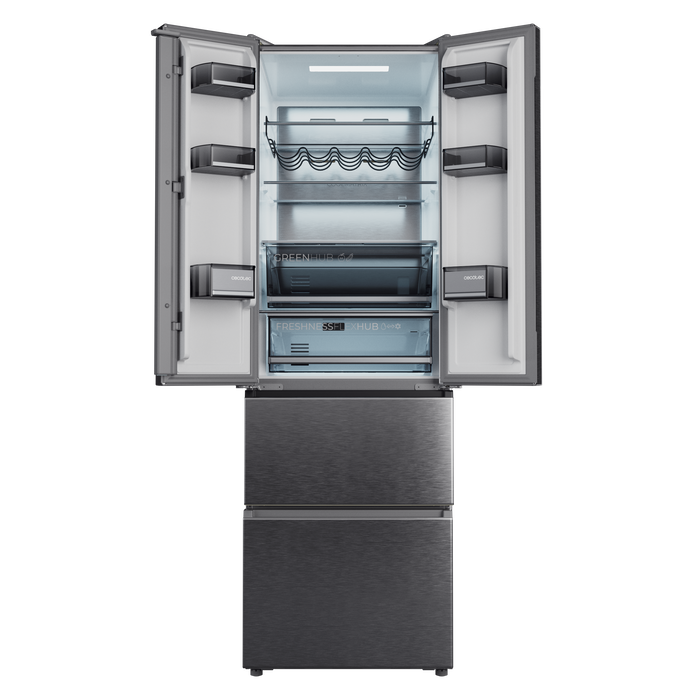 Frigider combinat cu uși French Door Cecotec Bolero CoolMarket Combi F2D 395 Inox E, 395 l, 59,5 × 68 × 184,5 cm, clasa E, inox