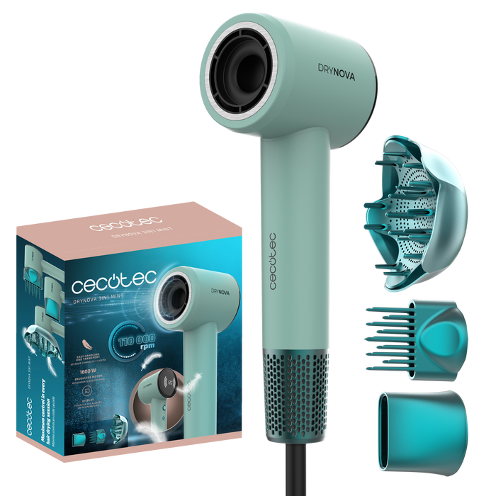 Uscător de păr Cecotec DryNova 3in1 Mint, 1600 W, 4 trepte de temperatură, 2 viteze, verde mentă