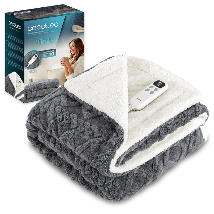 Pătură electrică Cecotec HeatConfort Luma (180 x 130), 115 W, 10 trepte de temperatură, sherpa