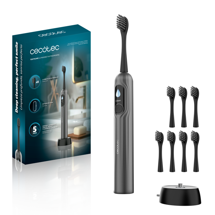 Periuță de dinți sonică Cecotec ToothCare UltraSonic PlatiniumSwing, 50.000 rpm, 5 moduri, 8 capete