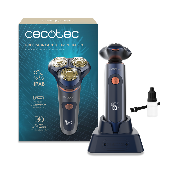 Aparat de ras rotativ Cecotec PrecisionCare Aluminium Pro, autonomie 80 min, 8000 rpm, afișaj LCD