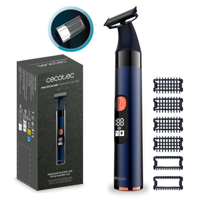 Aparat de tuns pentru față Cecotec PrecisionCare OneShave Saphire, autonomie 90 min, 6 piepteni, IPX7
