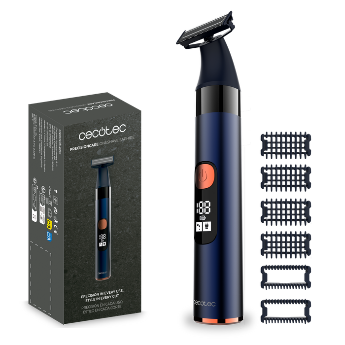 Aparat de tuns pentru față Cecotec PrecisionCare OneShave Saphire, autonomie 90 min, 6 piepteni, IPX7