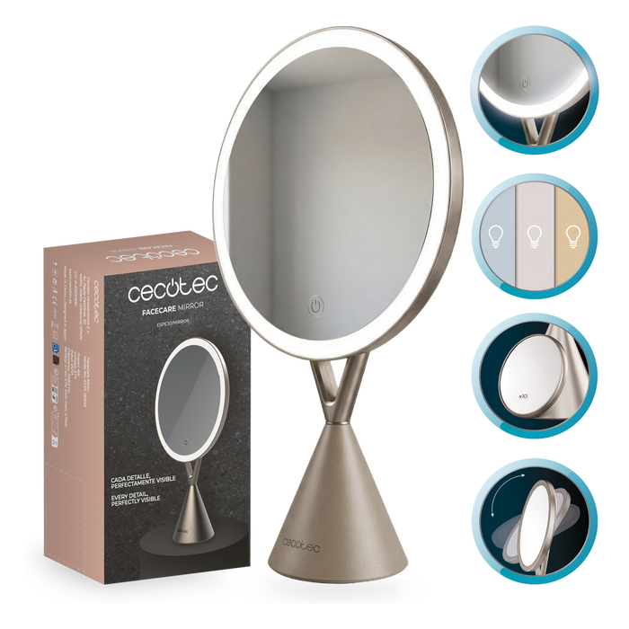 Oglindă cosmetică Cecotec FaceCare Mirror, mărire 10x, iluminare LED, 3 intensități
