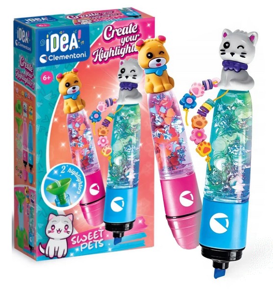 Set creativ Clementoni Idea Create Your Highlighters, Sweet Pets, 2 markere evidențiatoare, 6+ ani, diverse modele