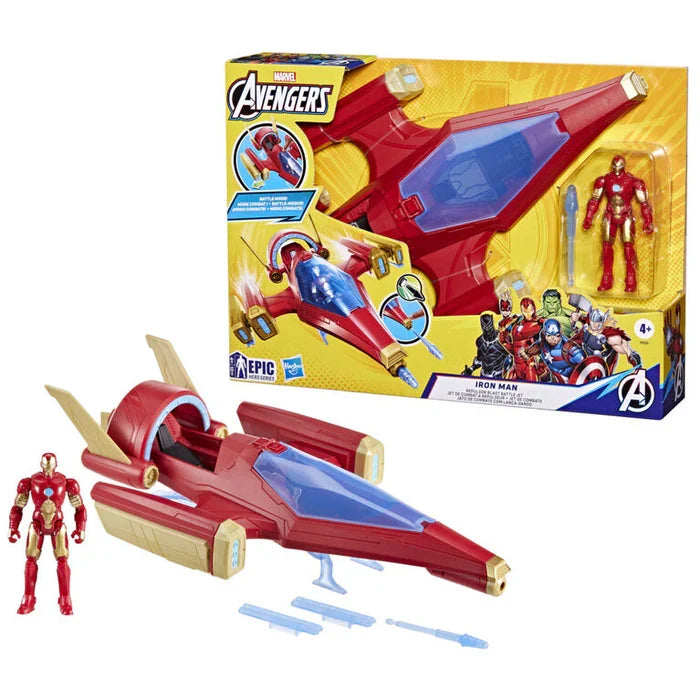 Avion de jucărie Hasbro Marvel Avengers, Iron Man Repulsor Blast Battle Jet, cu figurină, 4+ ani