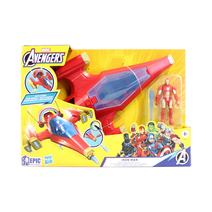 Avion de jucărie Hasbro Marvel Avengers, Iron Man Repulsor Blast Battle Jet, cu figurină, 4+ ani