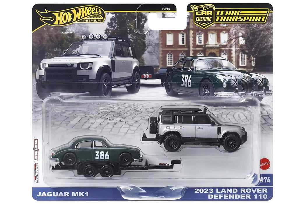 Set de vehicule Mattel Hot Wheels Team Transport, 2023 Land Rover Defender 110 și Jaguar MK1