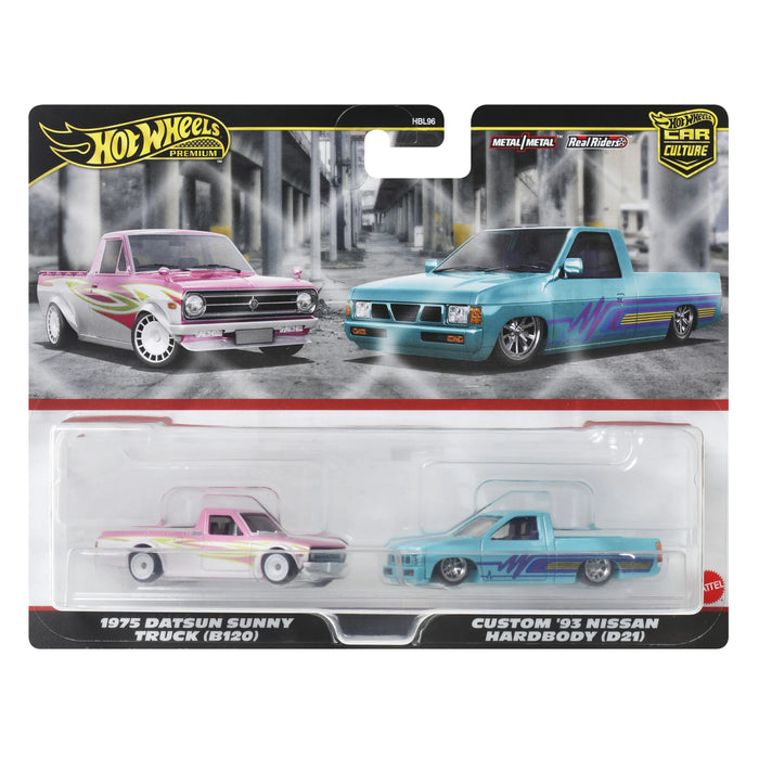 Set de 2 mașinuțe Mattel Hot Wheels Premium Car Culture, ’75 Datsun Sunny Truck și Custom ’93 Nissan Hardbody