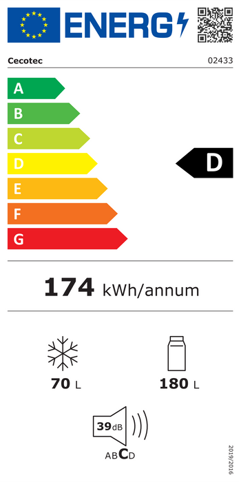 Frigider combină Cecotec Bolero CoolMarket Combi 250 White D, 250 l, 180 cm, clasa D, alb
