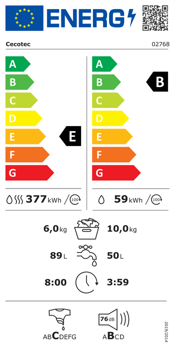 Mașină de spălat rufe cu uscător Cecotec Bolero Wash&Dry 10680 Inverter B, 10 kg/6 kg, 1400 rpm, clasa E, albă