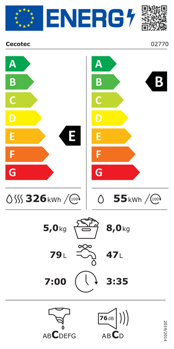 Mașină de spălat rufe cu uscător Cecotec Bolero Wash&Dry 8580 Inverter B, 8 kg/5 kg, 1400 rpm, clasa E, albă