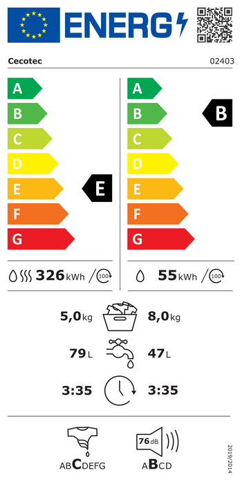 Mașină de spălat rufe cu uscător Cecotec Bolero Wash&Dry 8580 Inverter Ice Blue B, 8/5 kg, 1400 rpm, 16 programe, clasa E