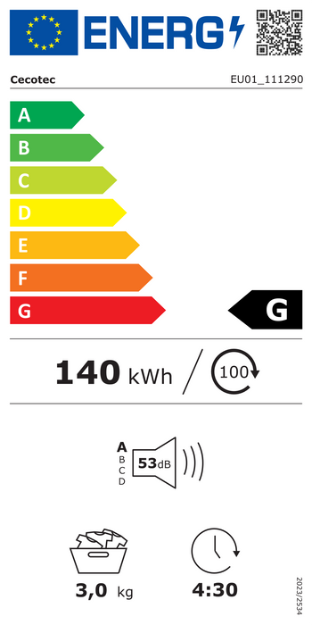 Uscător de rufe cu evacuare Cecotec Bolero DressCode Dry 3600V Gold, 3 kg, 12 programe, clasa G, albă cu detalii aurii