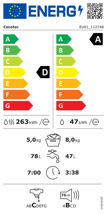 Mașină de spălat rufe cu uscător Cecotec Bolero Wash&Dry 85900 Inverter Steel, 8/5 kg, 1400 rpm, clasa D, oțel