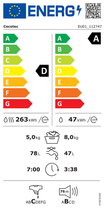 Mașină de spălat rufe cu uscător Cecotec Bolero Wash&Dry 85900 Inverter, 8/5 kg, 1400 rpm, clasa D, albă